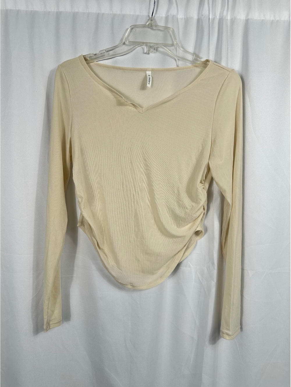 Halara Women's Beige Long Sleeve Mesh V-Neck Ruched Top Medium